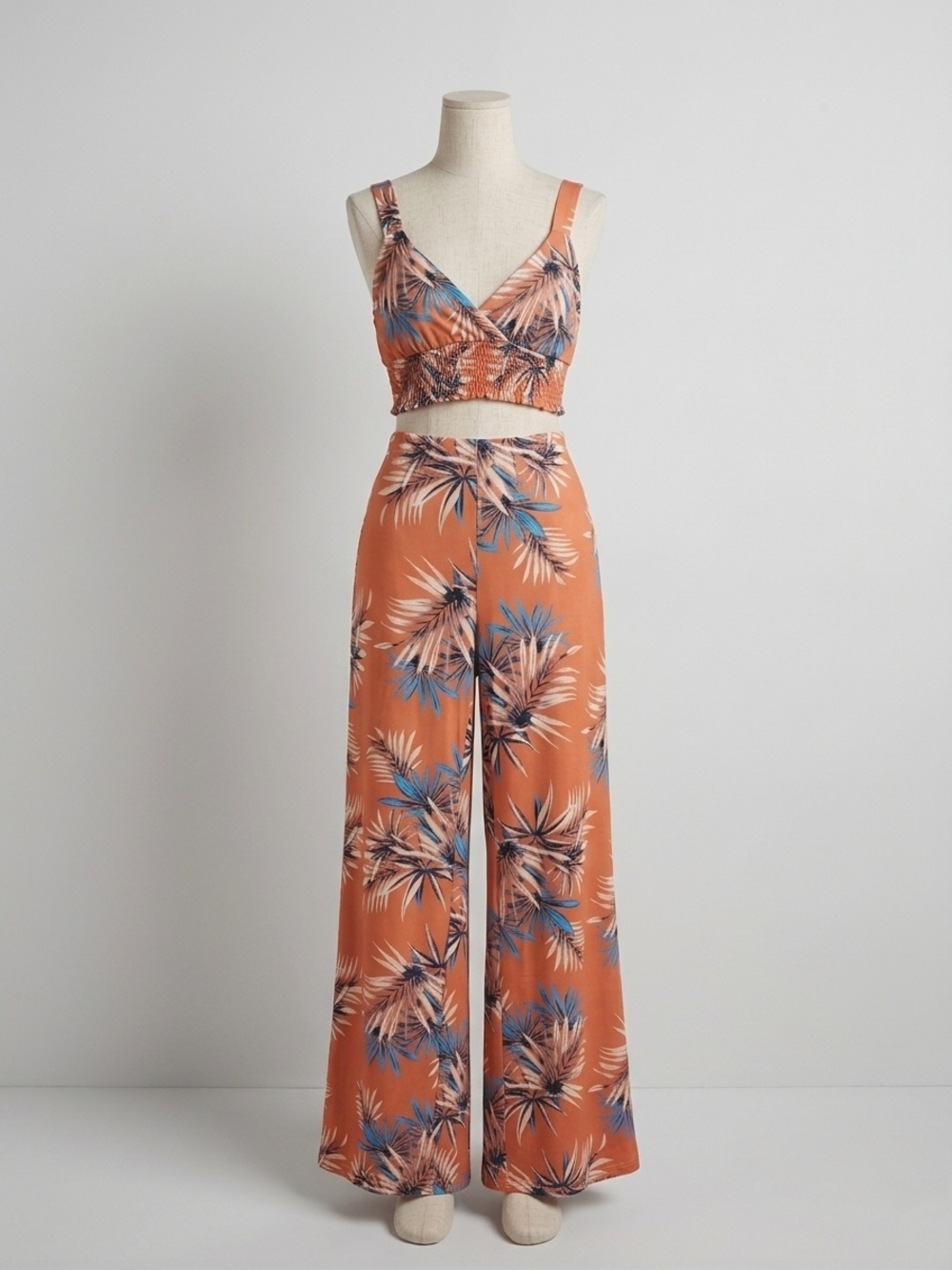 Wide-Leg Tropical Print Pants - Rust